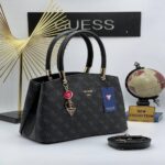 Marka Logolu Deri Fermuar Kapamalı Bölmeli Çanta Siyah-Gri