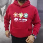 Oversize Baskılı Kırmızı Kapüşonlu Sweatshirt