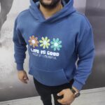 Oversize Baskılı Mavi Kapüşonlu Sweatshirt